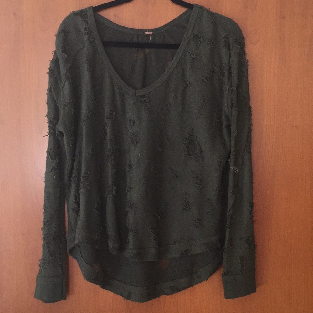 (Free People) Green Distressed Sweater